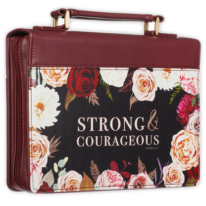 Protective Faux Leather Fashion Bible Cover Carry Case with Handle for Women: Strong and Courageous - Joshua 1:9 Inspirational Bible Verse - Merlot Floral Rose Bouquet, Large