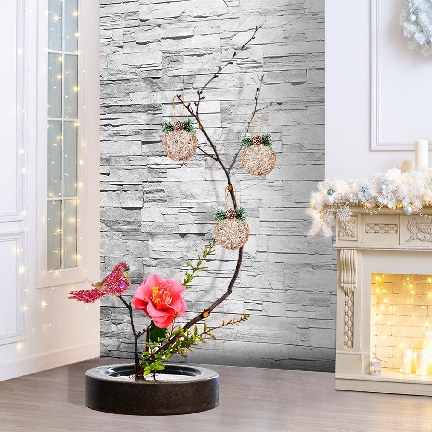 Christmas Ball Ornaments, 4Pc Set Champagne Pinecone Rattan Thread String Christmas Tree Ornament Xmas Trees Wedding Party Decorations