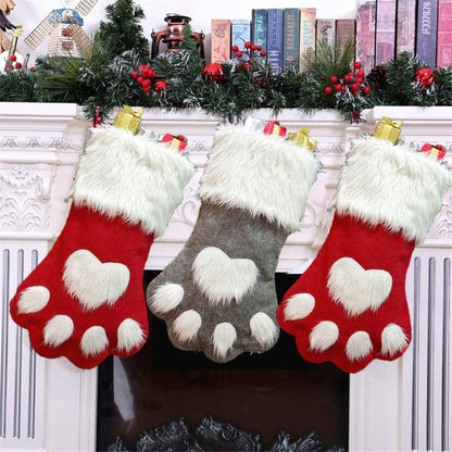 Pet Paw Plush Christmas Stockings 2 Pack Xmas Decorations Fireplace Hanging Socks Family Holiday Dog Cat Gift Stockings (Grey & Red)