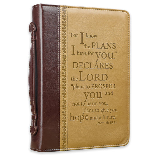 Tan Faux Leather Bible Cover for Men and Women I Know the Plans - Jeremiah 29:11 Zippered Case for Bible or Book with Handle, Extra Large