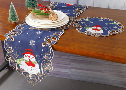 Christmas Holiday Table Runner 13X54 Inches Embroidered Snowman and Snowflakes Pattern Festive Winter Dresser Scarf Table Topper for Family Xmas Home Kitchen Dinner Party Table Decoration