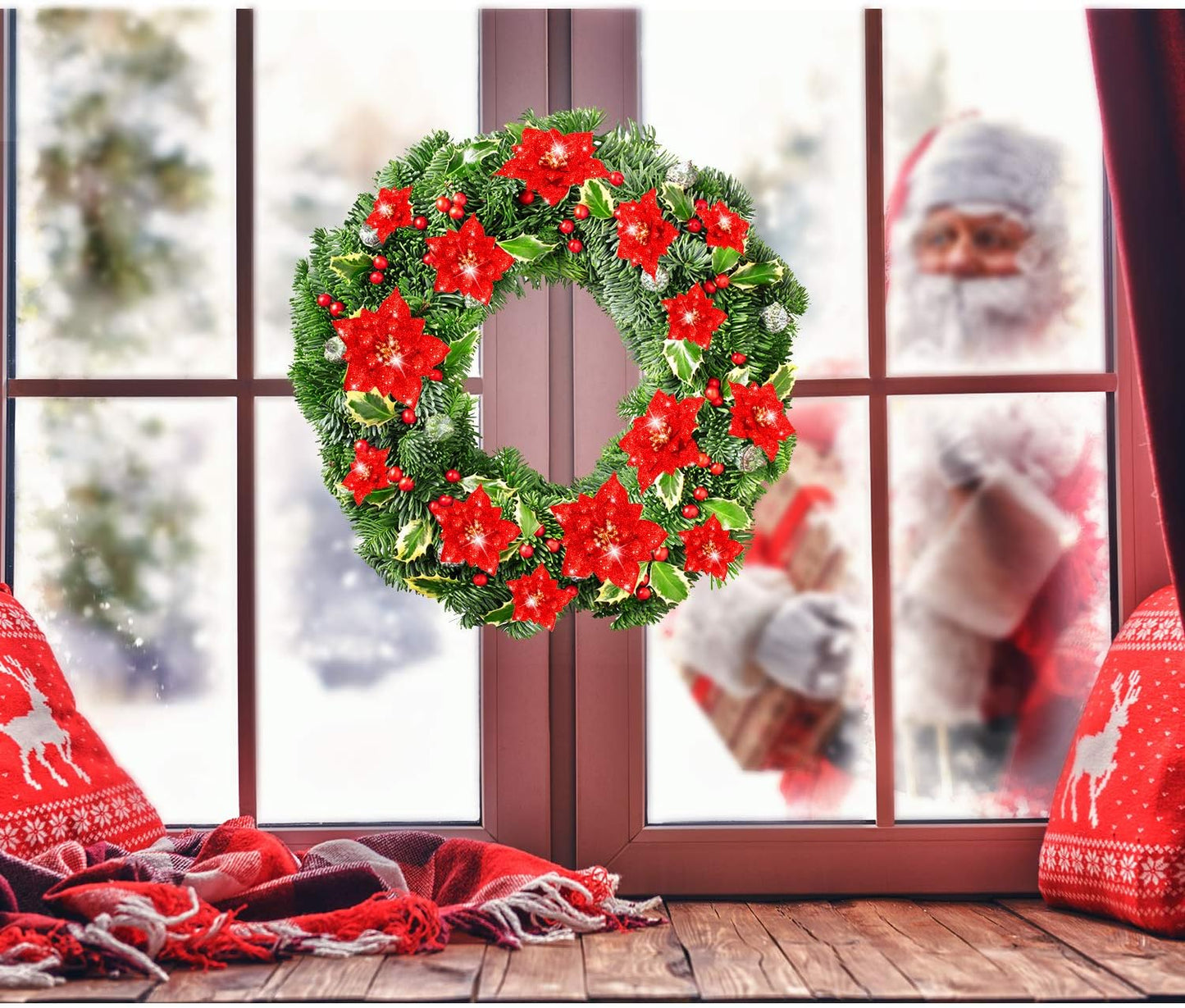 24 Pieces Glitter Poinsettia Artificial Christmas Flowers Poinsettia Decorations Wedding Christmas Tree Ornaments, 3/4/6 Inches (Red)