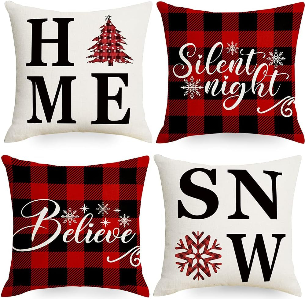 18X18 Christmas Snow Home Throw Pillow Covers,Decorative Farmhouse Outdoor Believe Silent Night Xmas Christmas Pillow Shams Cases Slipcovers Set of 4 for Couch Sofa