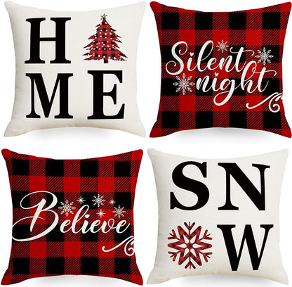 18X18 Christmas Snow Home Throw Pillow Covers,Decorative Farmhouse Outdoor Believe Silent Night Xmas Christmas Pillow Shams Cases Slipcovers Set of 4 for Couch Sofa
