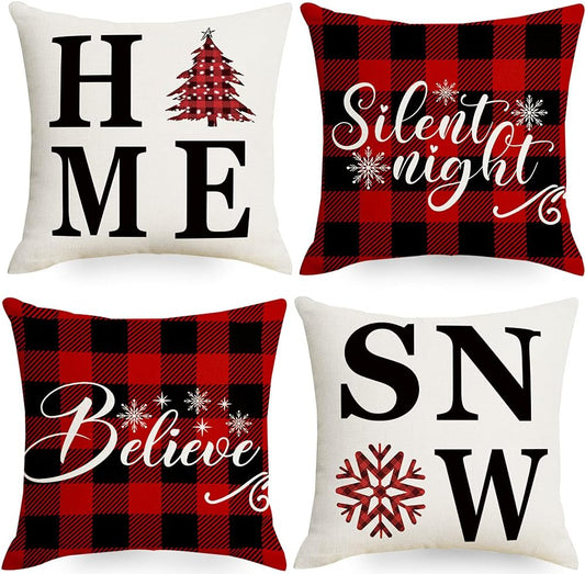 18X18 Christmas Snow Home Throw Pillow Covers,Decorative Farmhouse Outdoor Believe Silent Night Xmas Christmas Pillow Shams Cases Slipcovers Set of 4 for Couch Sofa