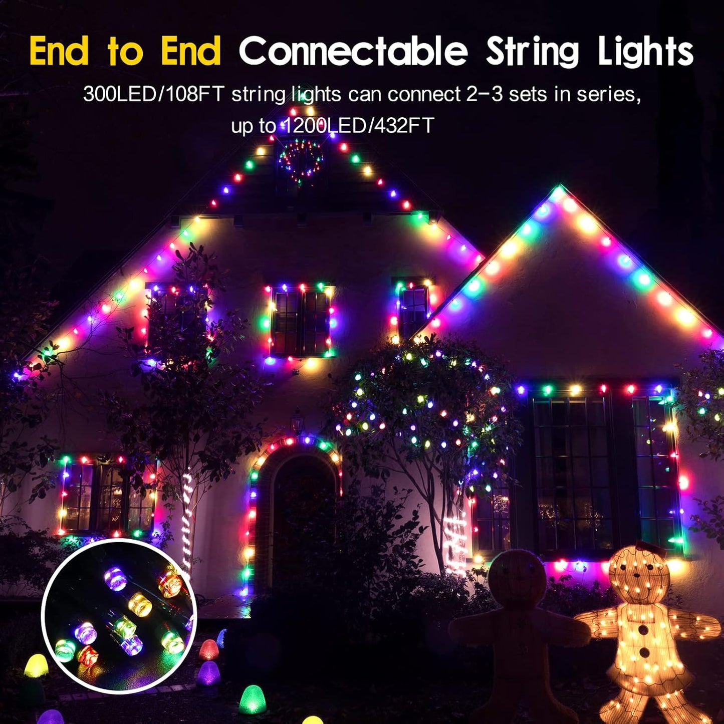108FT 300LED Halloween Christmas String Lights Outdoor Indoor Extendable Green Wire Memory Function 8 Modes Waterproof Fairy String Lights for Xmas Tree Holiday Party Garden
