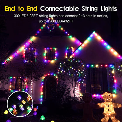 108FT 300LED Halloween Christmas String Lights Outdoor Indoor Extendable Green Wire Memory Function 8 Modes Waterproof Fairy String Lights for Xmas Tree Holiday Party Garden