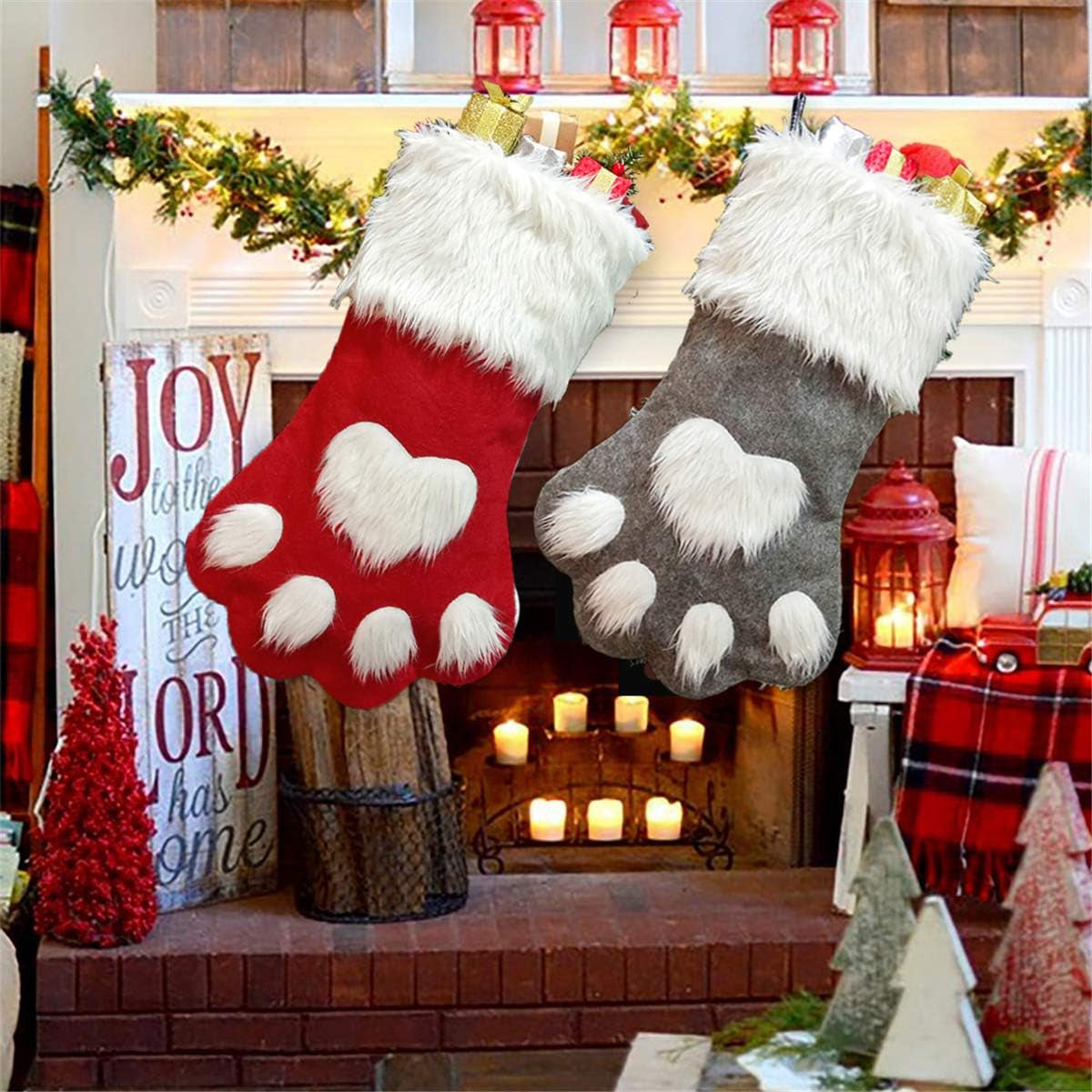 Pet Paw Plush Christmas Stockings 2 Pack Xmas Decorations Fireplace Hanging Socks Family Holiday Dog Cat Gift Stockings (Grey & Red)