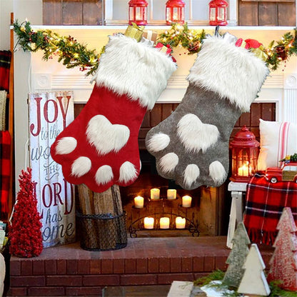 Pet Paw Plush Christmas Stockings 2 Pack Xmas Decorations Fireplace Hanging Socks Family Holiday Dog Cat Gift Stockings (Grey & Red)