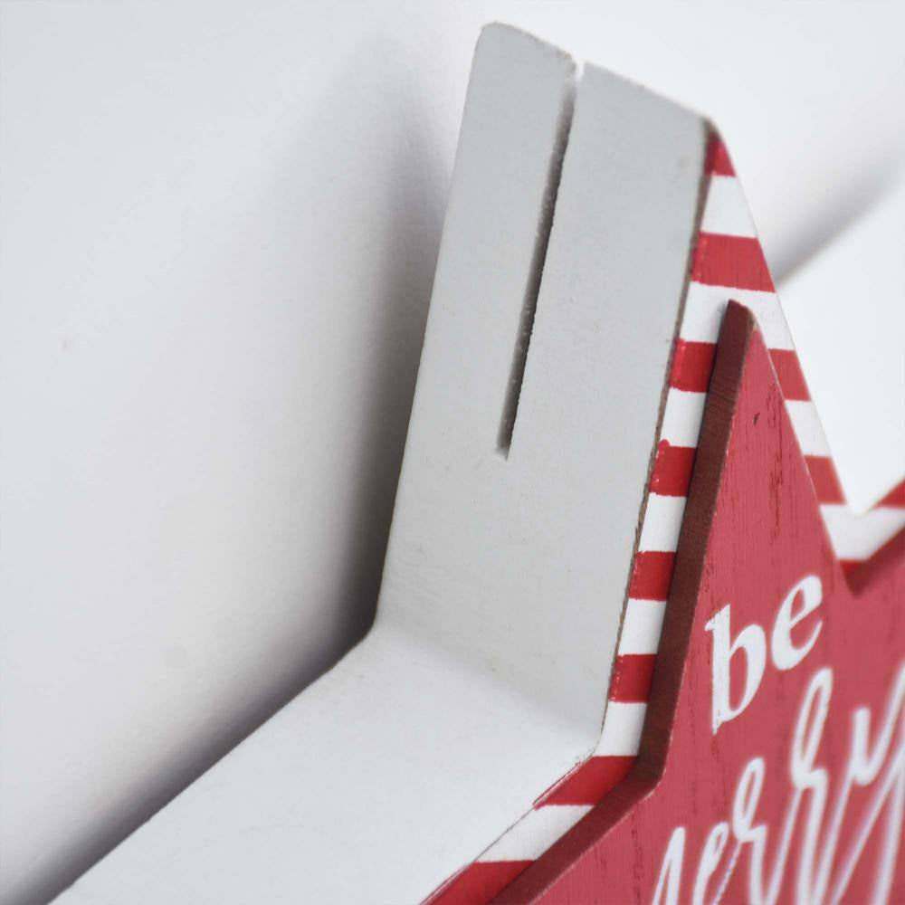 6 In. Red Star-Shaped Christmas Wood Tabletop Photo Holder with Be Merry Text