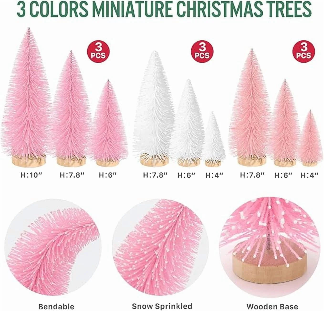 9Pcs Mini Christmas Trees Christmas Decor Artificial Christmas Decorations with 4 Sizes, Christmas Tree Bottle Brush Trees Christmas Table Decorations (Pink+White)