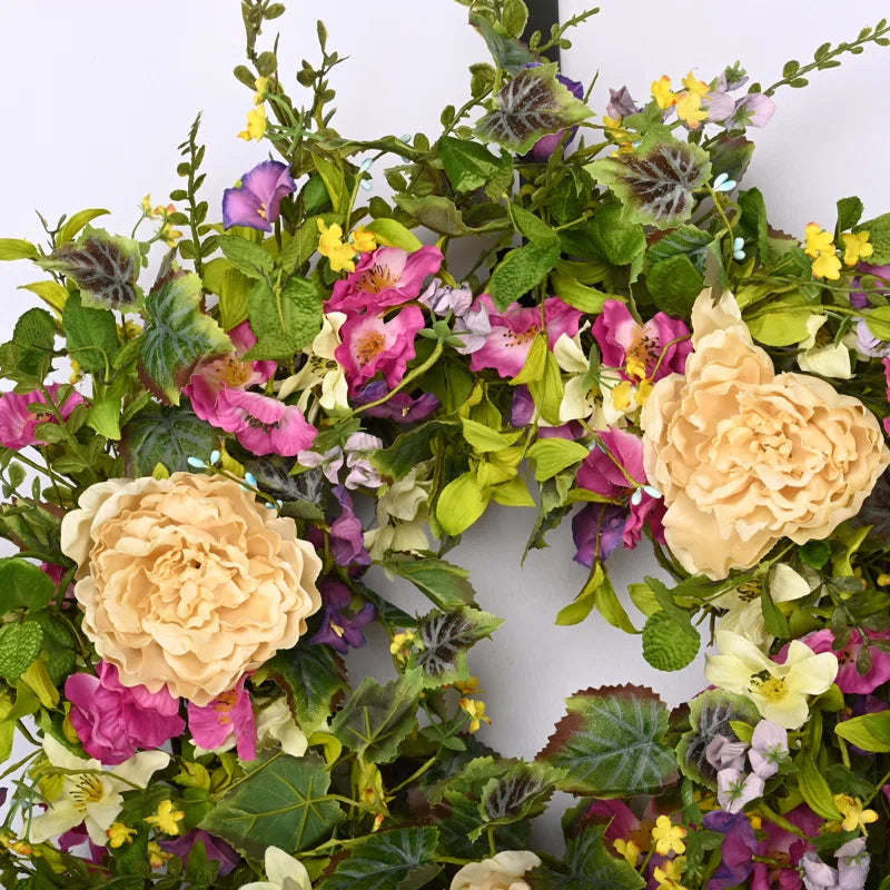 26" Handcrafted Faux Peony Morning Glory Silk Wreath for Front Door