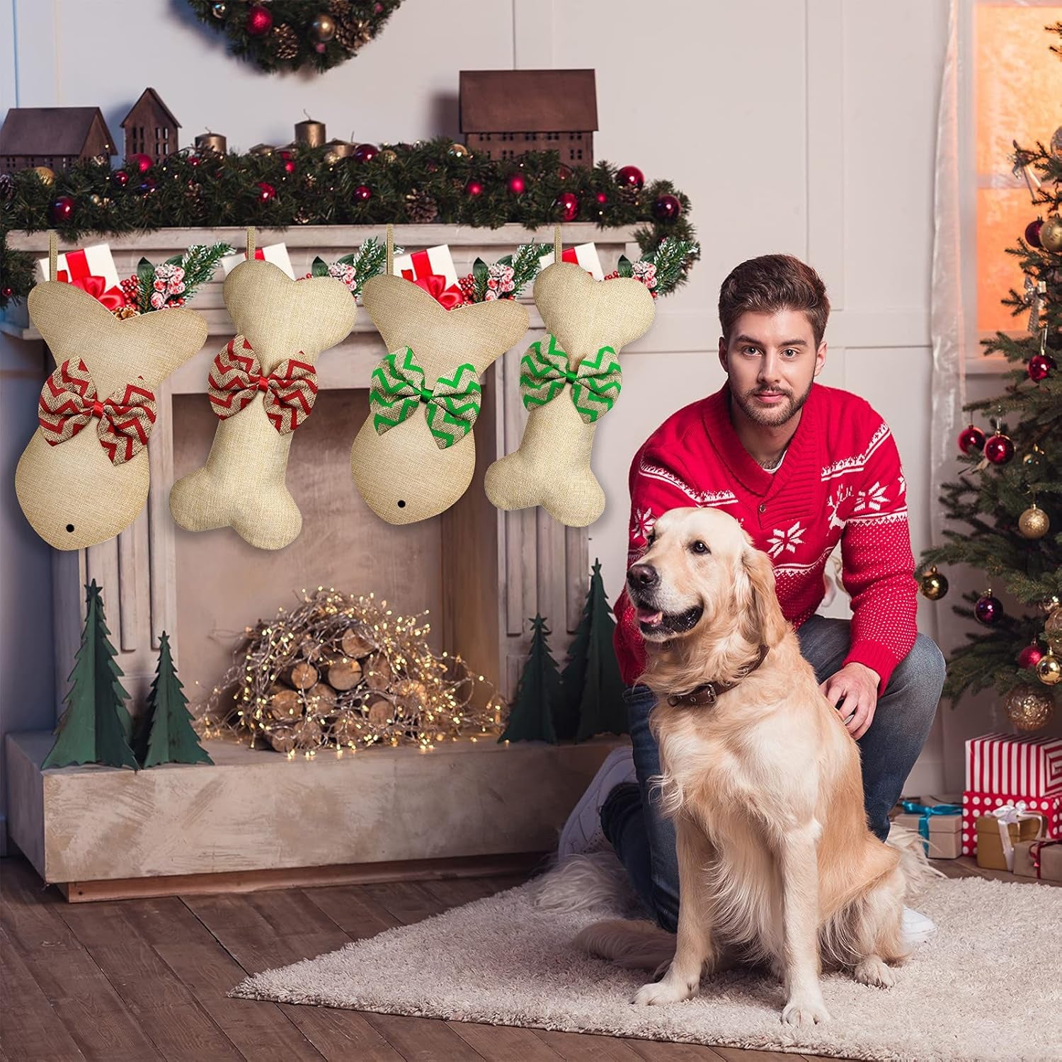 4 Pcs Dog Christmas Stocking Bone Fish Pet Christmas Stockings Pet Burlap Stocking Fireplace Hanging Stockings with Bow Knot for Dog Cat Xmas Party Decoration Gift (Bone and Fish)