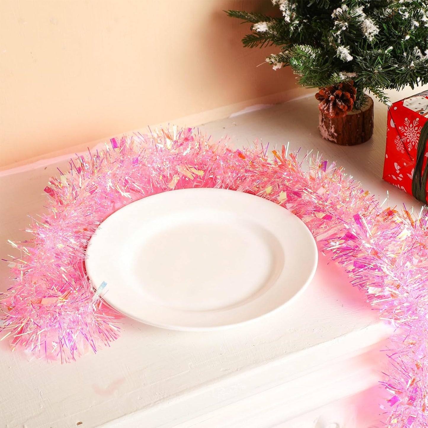 40 Feet Christmas Tinsel Garland Metallic Foil Twist Tinsel Garland Decoration for Christmas Tree, Wedding, Birthday and Party Hanging Decorations(Pink, Rainbow)