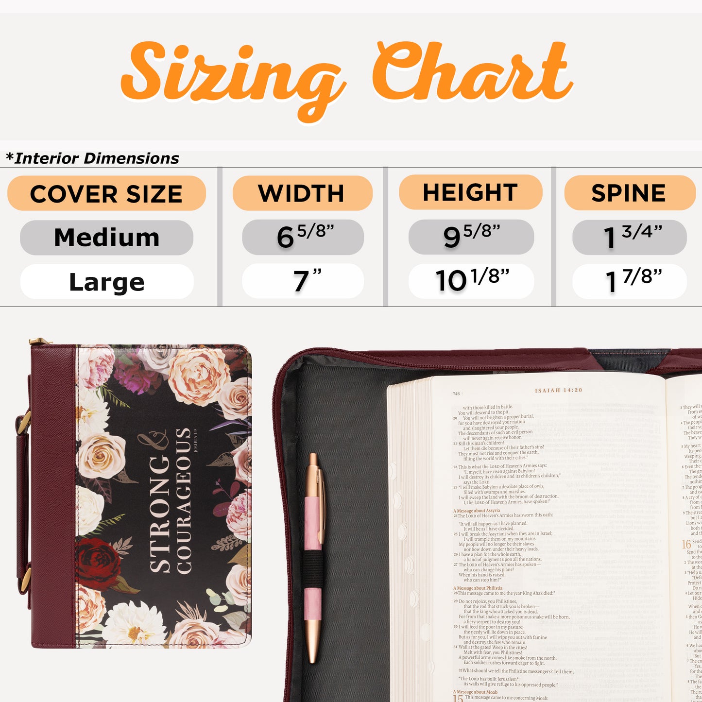 Protective Faux Leather Fashion Bible Cover Carry Case with Handle for Women: Strong and Courageous - Joshua 1:9 Inspirational Bible Verse - Merlot Floral Rose Bouquet, Large