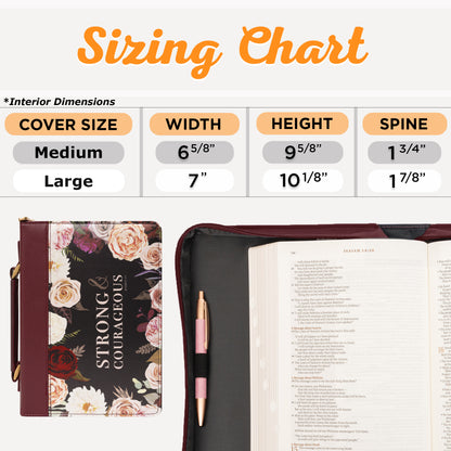 Protective Faux Leather Fashion Bible Cover Carry Case with Handle for Women: Strong and Courageous - Joshua 1:9 Inspirational Bible Verse - Merlot Floral Rose Bouquet, Large