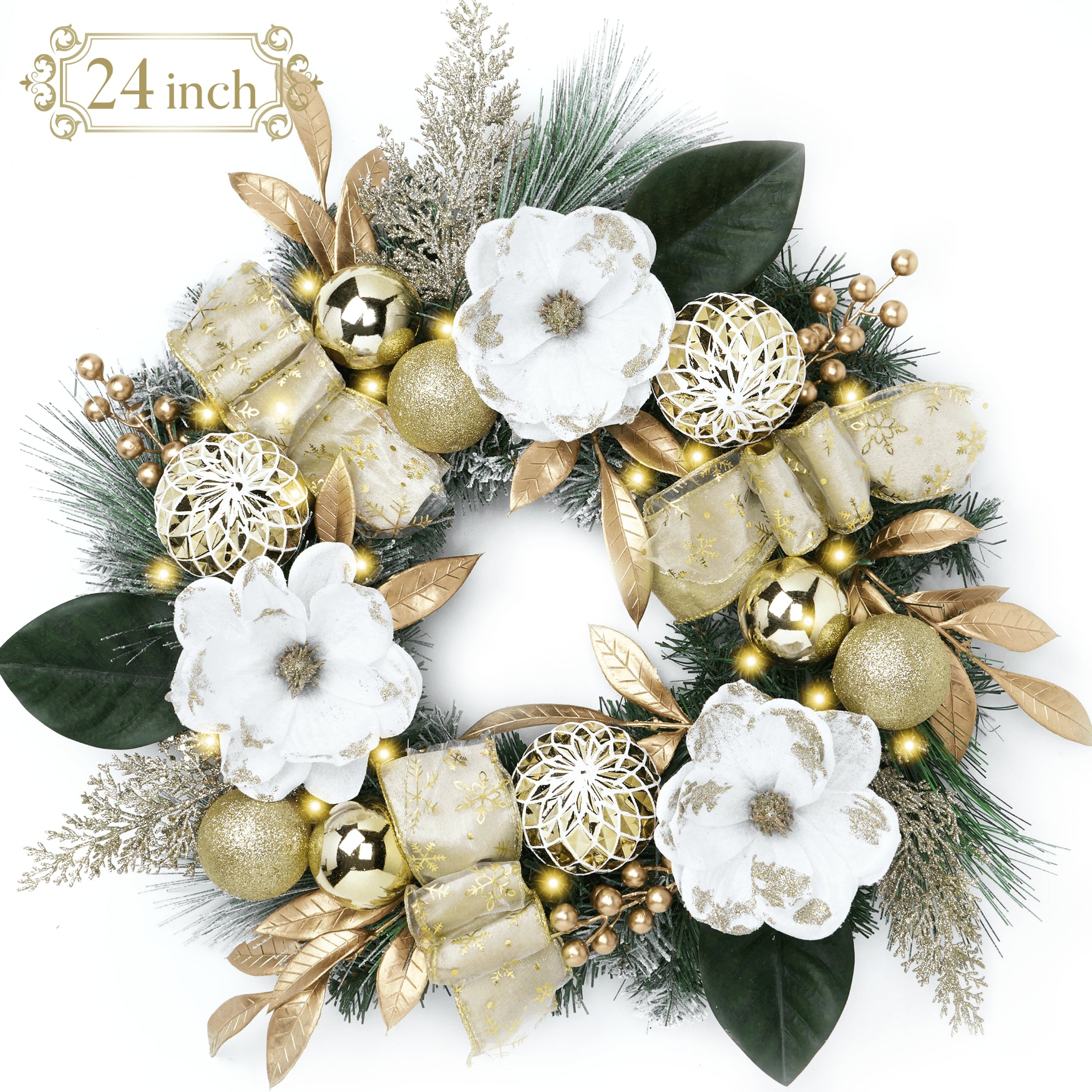 24 Inches Pre-Lit Christmas Wreath White Gold Lighted Wreath with Bow & Flower & Ornaments Perfect Xmas Holiday Gift for Front Door Mantel Table Top Decoration