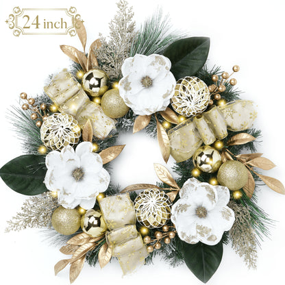 24 Inches Pre-Lit Christmas Wreath White Gold Lighted Wreath with Bow & Flower & Ornaments Perfect Xmas Holiday Gift for Front Door Mantel Table Top Decoration