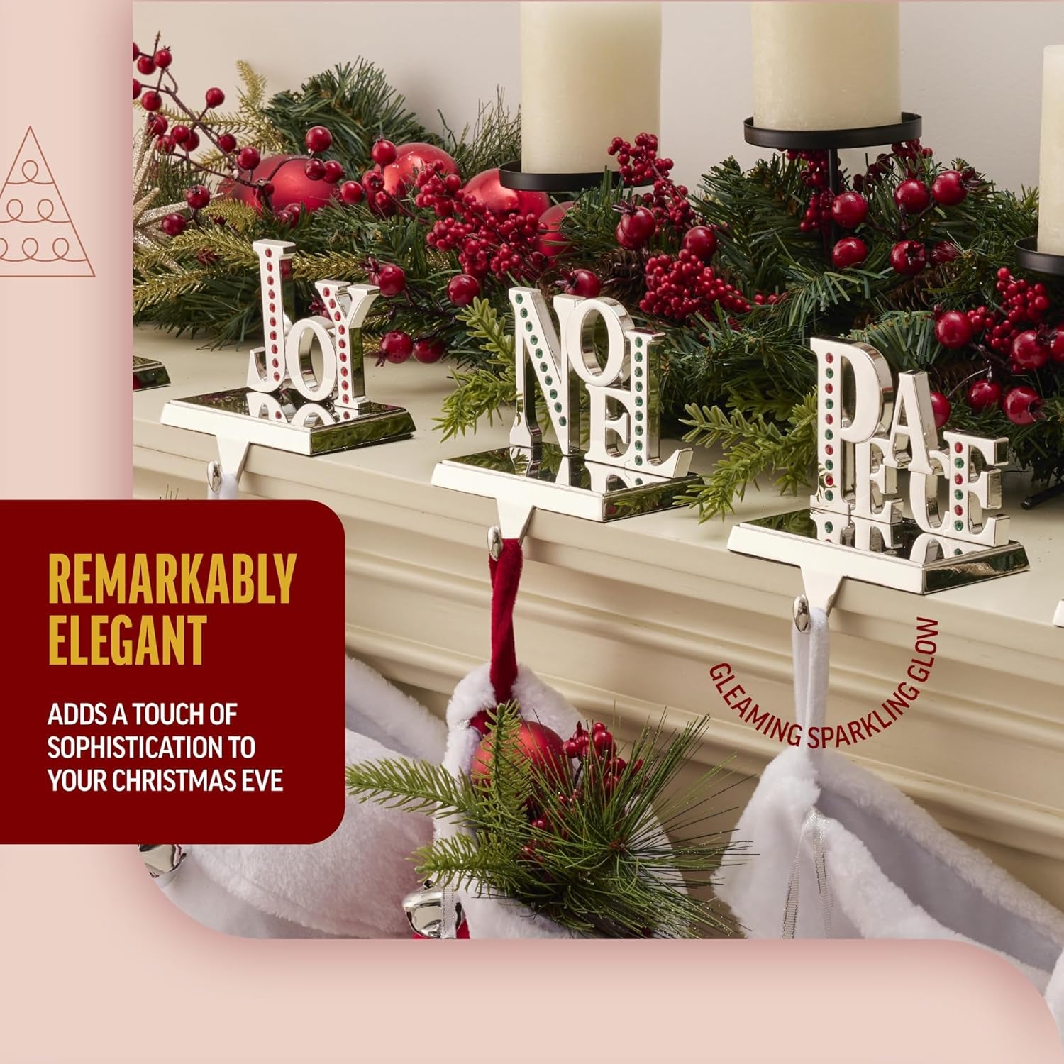 Stocking Holder Set of 3 - Joy Noel Peace Christmas Stocking Hanger for Mantel - Shiny Silver Metal Christmas Stocking Holder for Fireplace Mantle- Heavy Stocking Holder for Mantle with Hook