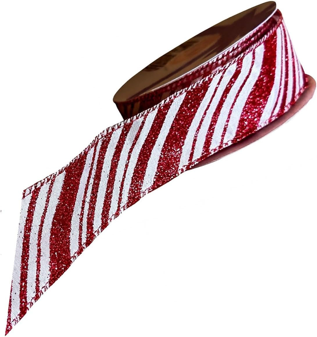 Wired Christmas Ribbon Red Stripes - 1 1/2" X 10 Yards, Red White Peppermint Candy Cane, Garland, Gifts, Wrapping, Wreaths, Bows