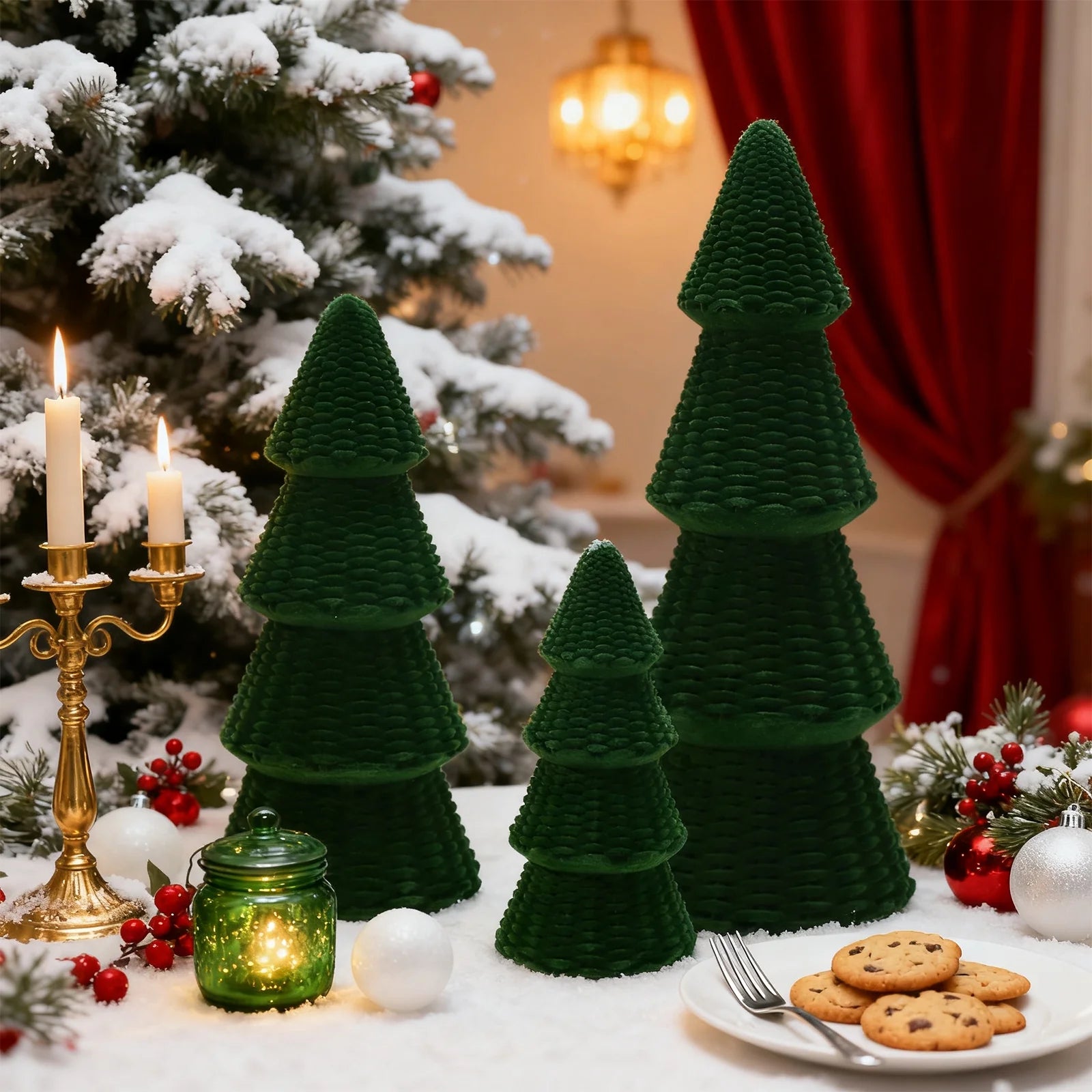 3Pcs Tabletop Christmas Tree Velvet Woven Resin Christmas Trees for Christmas Decor Indoor, Christmas Table Decor, Green