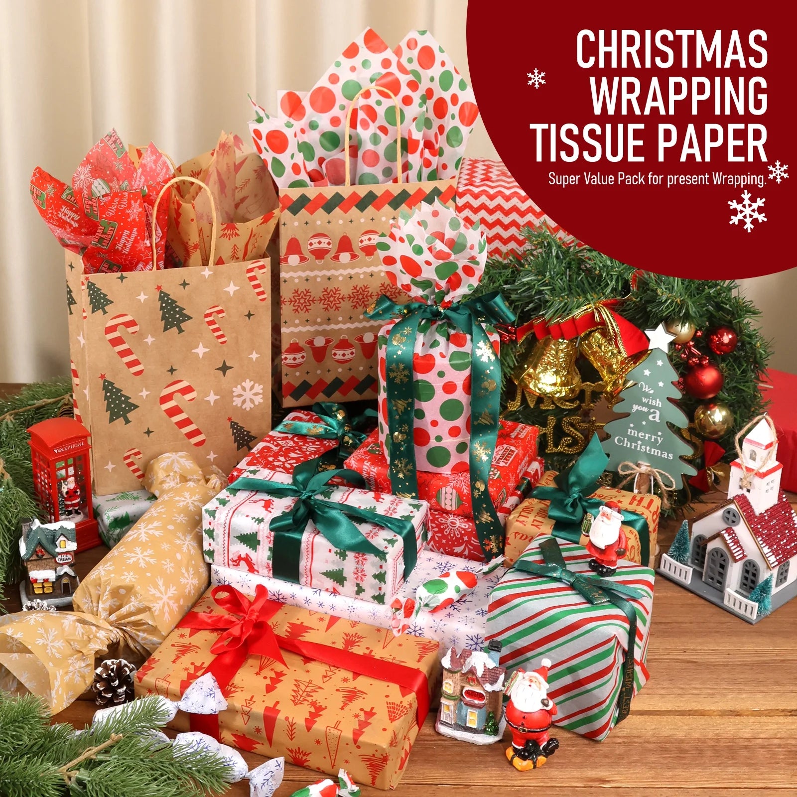 150Pcs Christmas Tissue Paper Sheets Christmas Wrapping Paper Xmas Tissue Paper for Gift Bags Gift Wrap