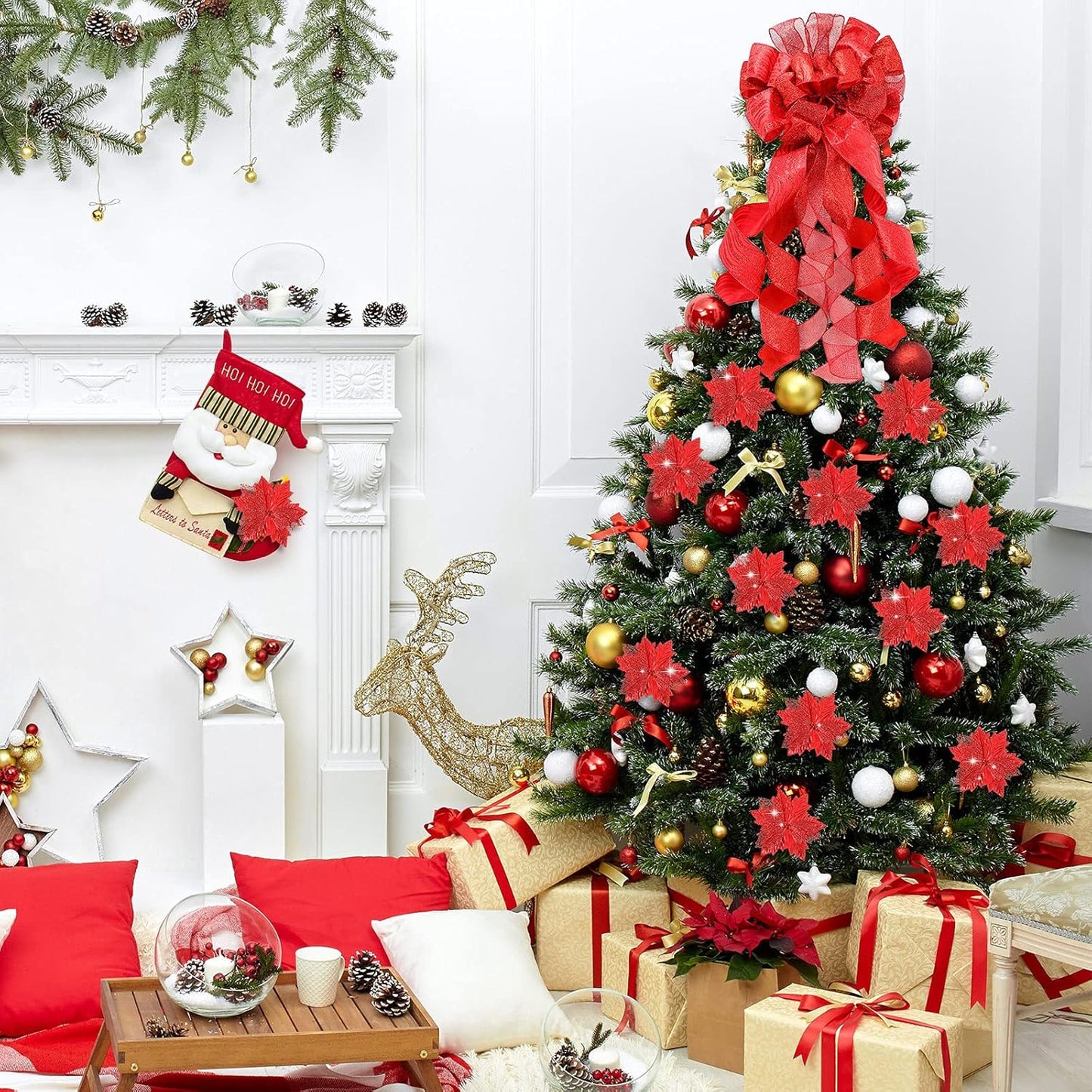 Christmas Tree Topper Decorations 34X12 Inch Large Christmas Bows Tree Ornaments and 24 Pcs Christmas Tree Flowers for Christmas Holiday Party Decorative(Red)