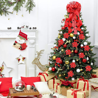 Christmas Tree Topper Decorations 34X12 Inch Large Christmas Bows Tree Ornaments and 24 Pcs Christmas Tree Flowers for Christmas Holiday Party Decorative(Red)