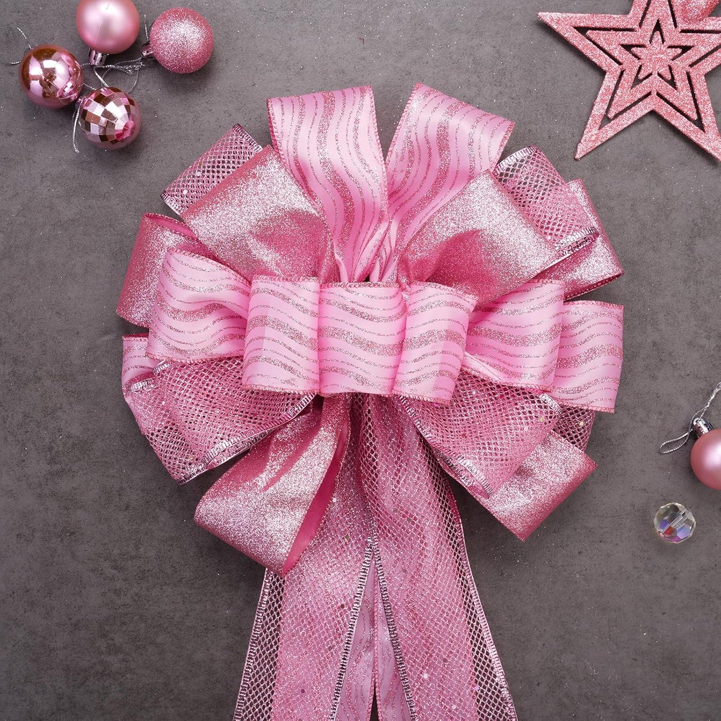 Christmas Tree Topper, 32X12 Inches Large Toppers Bow with Glitter Satin Mesh Streamer, Pink Christmas Tree Topper for Christmas Home Decoration (Pink),Circle Tree Topper