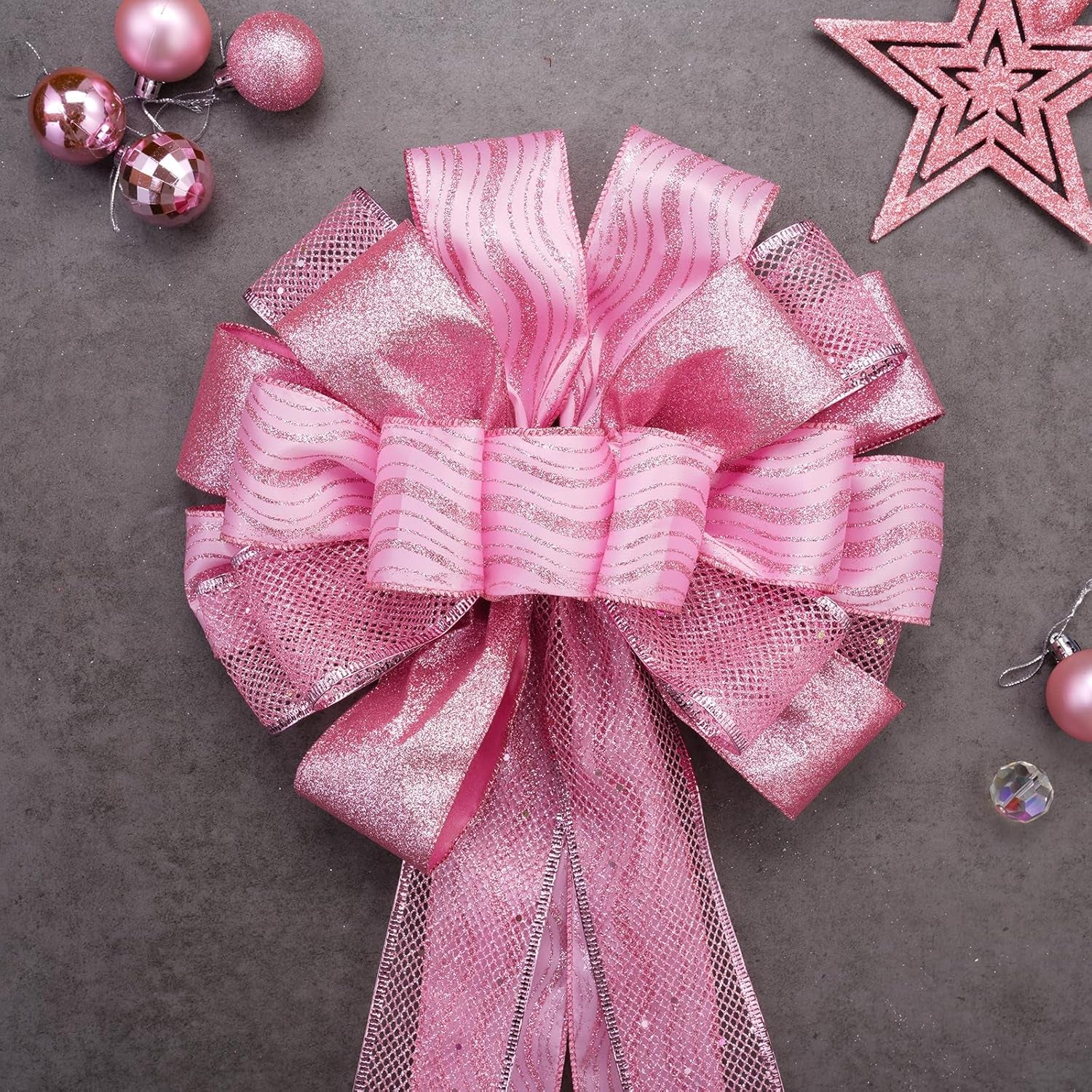 Christmas Tree Topper, 32X12 Inches Large Toppers Bow with Glitter Satin Mesh Streamer, Pink Christmas Tree Topper for Christmas Home Decoration (Pink),Circle Tree Topper