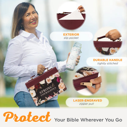 Protective Faux Leather Fashion Bible Cover Carry Case with Handle for Women: Strong and Courageous - Joshua 1:9 Inspirational Bible Verse - Merlot Floral Rose Bouquet, Large