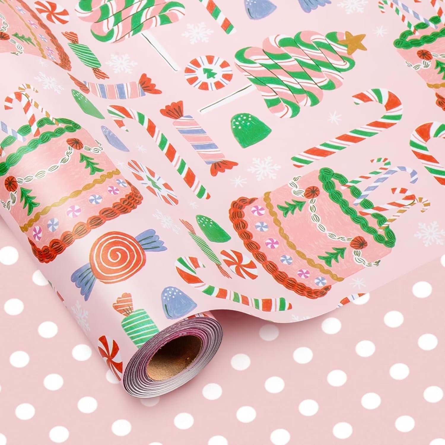 Girls Pink Wrapping Paper Roll, Pastel Cute Birthday Wrapping Paper W/Cakes, Reversible Modern Holiday Gift Wrap with Tree Present Candy Cane for Christmas, Party, Decorative Craft Supply