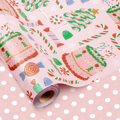 Girls Pink Wrapping Paper Roll, Pastel Cute Birthday Wrapping Paper W/Cakes, Reversible Modern Holiday Gift Wrap with Tree Present Candy Cane for Christmas, Party, Decorative Craft Supply