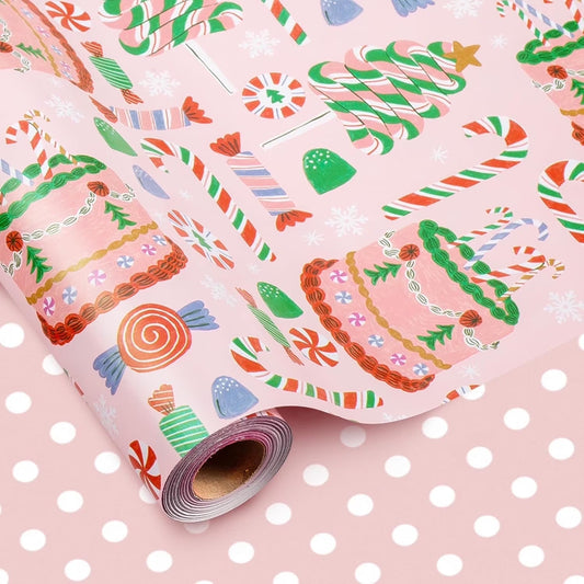 Girls Pink Wrapping Paper Roll, Pastel Cute Birthday Wrapping Paper W/Cakes, Reversible Modern Holiday Gift Wrap with Tree Present Candy Cane for Christmas, Party, Decorative Craft Supply