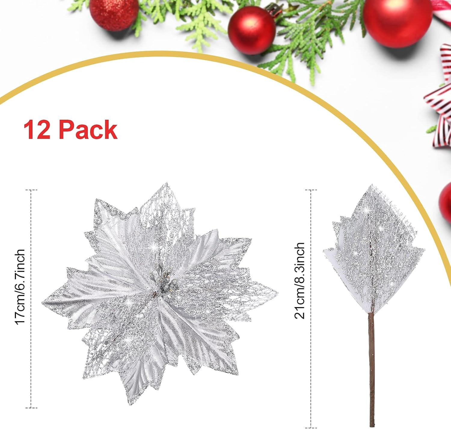 Christmas Tree Topper Decorations 34X12 Inch Large Christmas Bows Tree Ornaments and 24 Pcs Christmas Tree Flowers for Christmas Holiday Party Decorative (Silver)