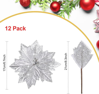 Christmas Tree Topper Decorations 34X12 Inch Large Christmas Bows Tree Ornaments and 24 Pcs Christmas Tree Flowers for Christmas Holiday Party Decorative (Silver)