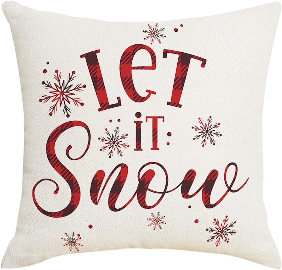 22X22 Christmas Pillow Covers, Decorative Farmhouse Christmas Vibes Believe Buffalo Plaid Let It Snow Outdoor Pillow Shams Cases Slipcovers Set of 4 for Couch Sofa