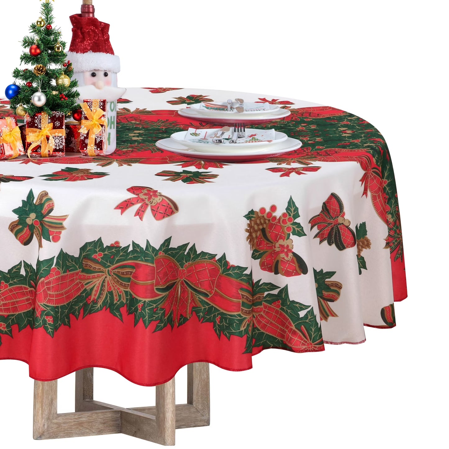Christmas Tablecloth round 60 Inch - Holly Ribbon Pattern Washable Wrinkle Resistant Holiday Tablecloths for Christmas Family Gathering, Dining Room Table Decoration 130GSM