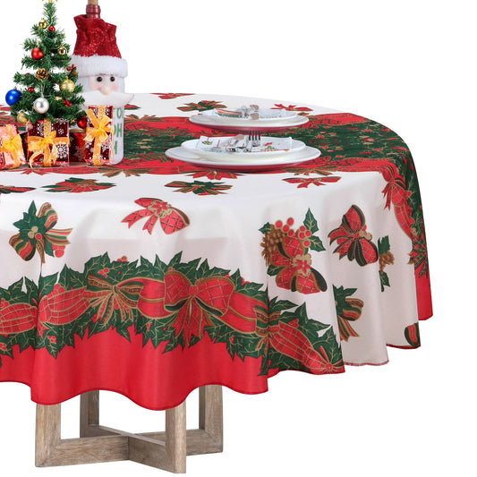 Christmas Tablecloth round 60 Inch - Holly Ribbon Pattern Washable Wrinkle Resistant Holiday Tablecloths for Christmas Family Gathering, Dining Room Table Decoration 130GSM
