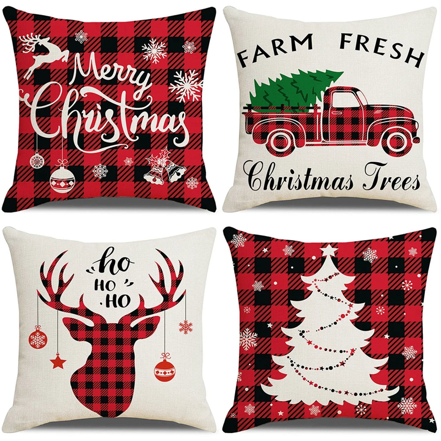 Christmas Pillow Covers,  18 X 18 Inch Set of 4 Farmhouse Black and Red Buffalo Plaid Pillow Covers Holiday Rustic Linen Pillow Case for Sofa Couch Christmas Decorations Throw Pillow Covers