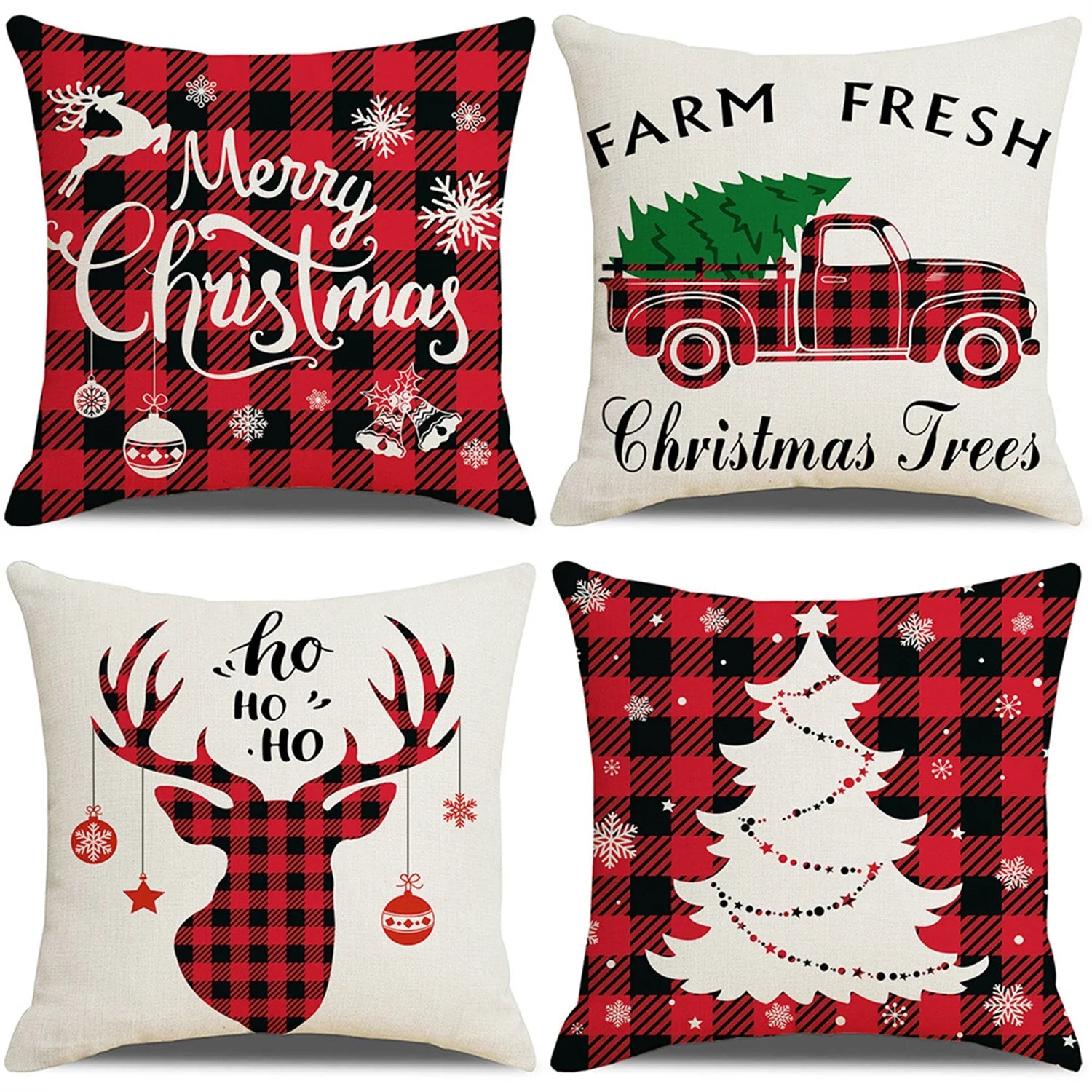 Christmas Pillow Covers,  18 X 18 Inch Set of 4 Farmhouse Black and Red Buffalo Plaid Pillow Covers Holiday Rustic Linen Pillow Case for Sofa Couch Christmas Decorations Throw Pillow Covers