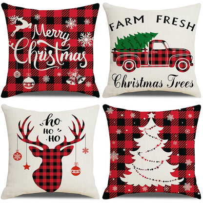 Christmas Pillow Covers,  18 X 18 Inch Set of 4 Farmhouse Black and Red Buffalo Plaid Pillow Covers Holiday Rustic Linen Pillow Case for Sofa Couch Christmas Decorations Throw Pillow Covers