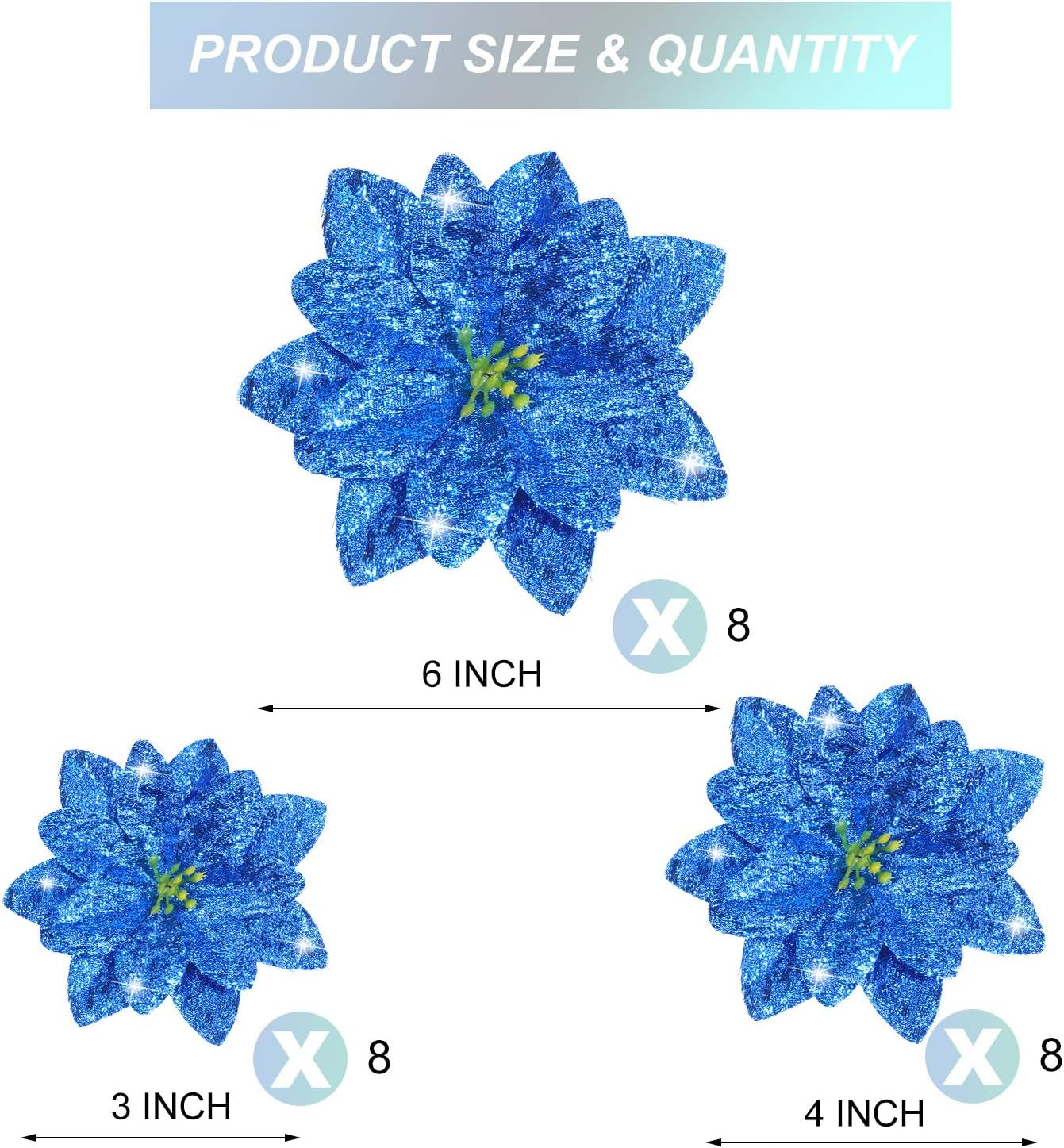 24 Pieces 3 Size Christmas Glitter Poinsettia Flowers Wedding Faux Flowers Christmas Ornaments for Christmas Tree New Year Home Outdoor Decoration, 3/4/6 Inches