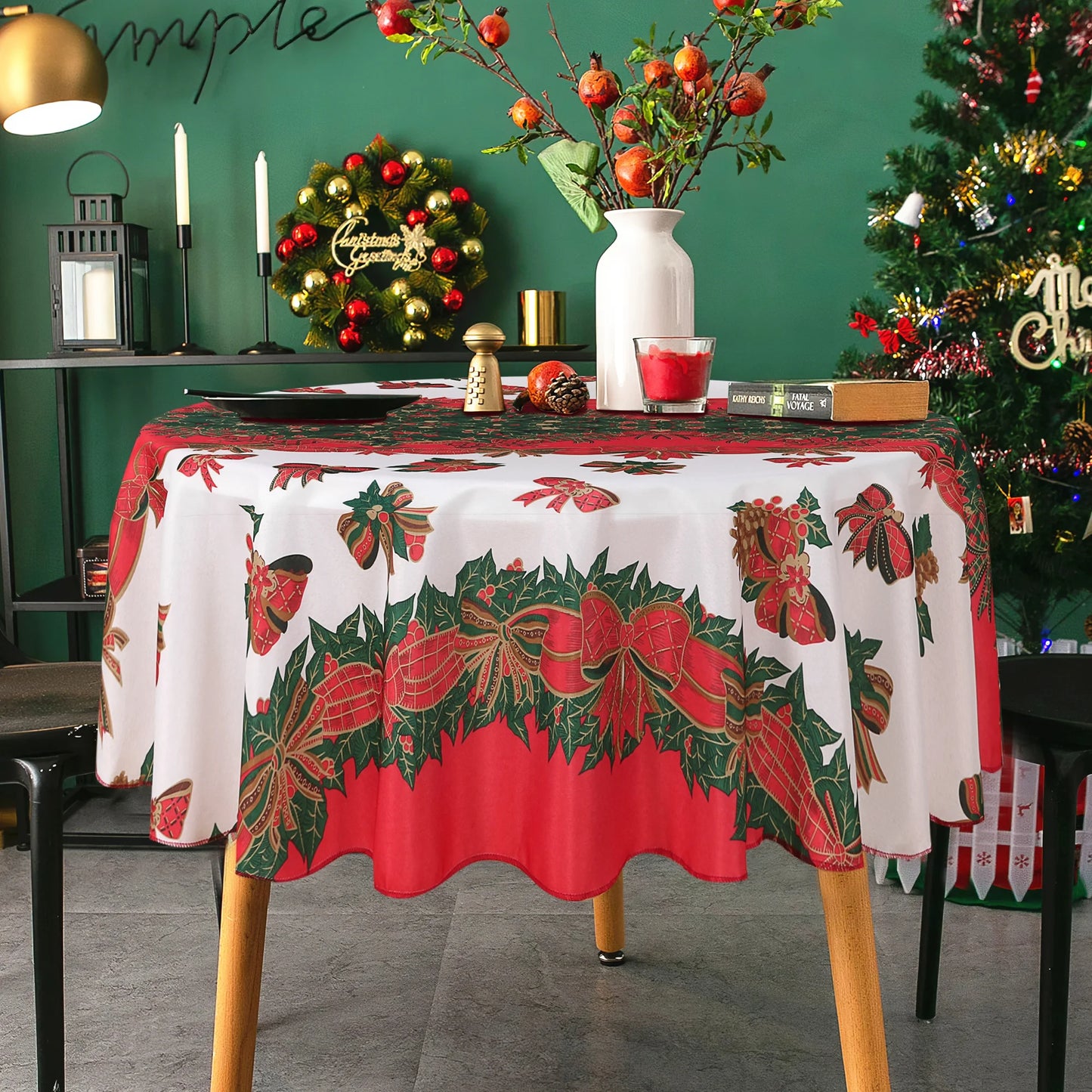 Christmas Tablecloth round 60 Inch - Holly Ribbon Pattern Washable Wrinkle Resistant Holiday Tablecloths for Christmas Family Gathering, Dining Room Table Decoration 130GSM