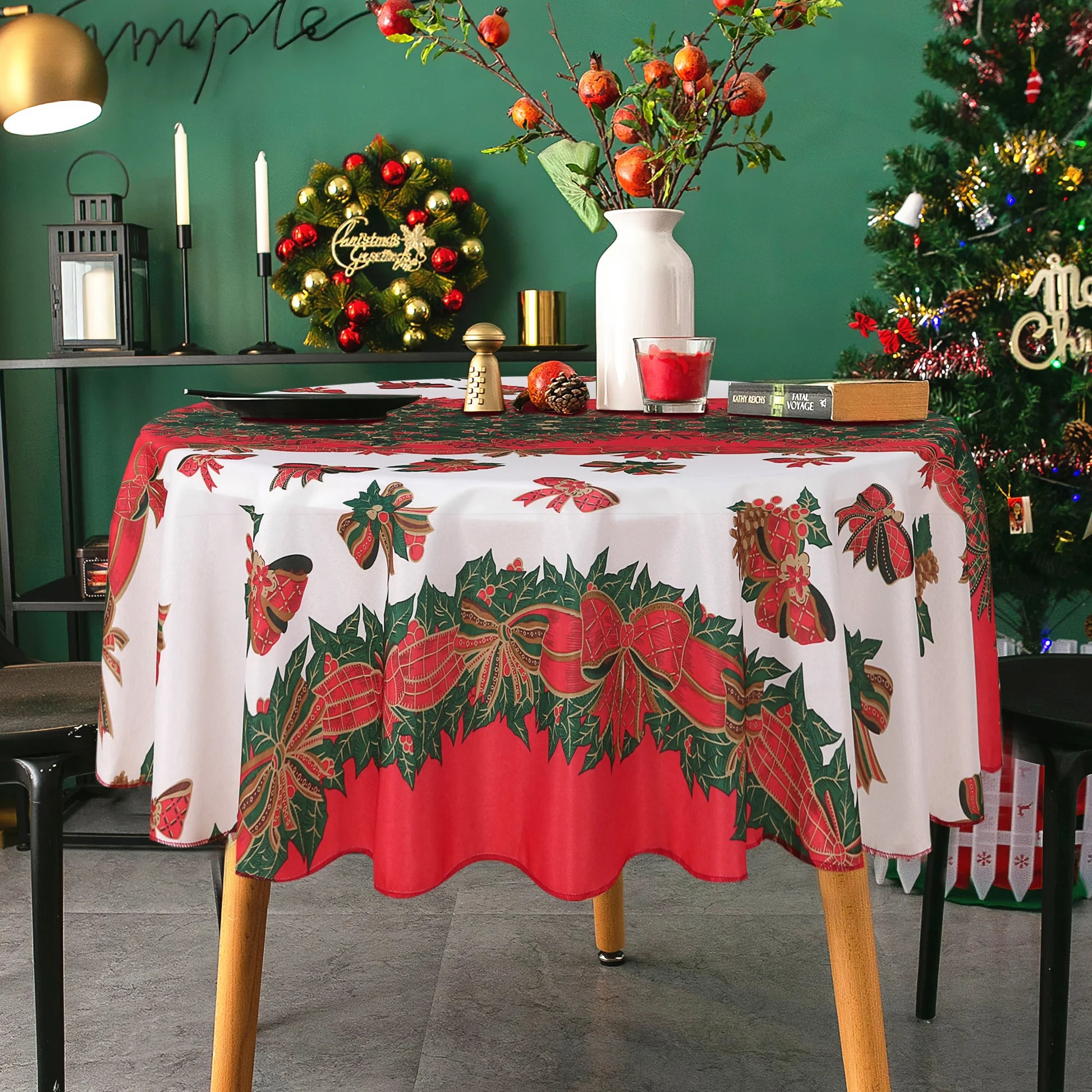 Christmas Tablecloth round 60 Inch - Holly Ribbon Pattern Washable Wrinkle Resistant Holiday Tablecloths for Christmas Family Gathering, Dining Room Table Decoration 130GSM
