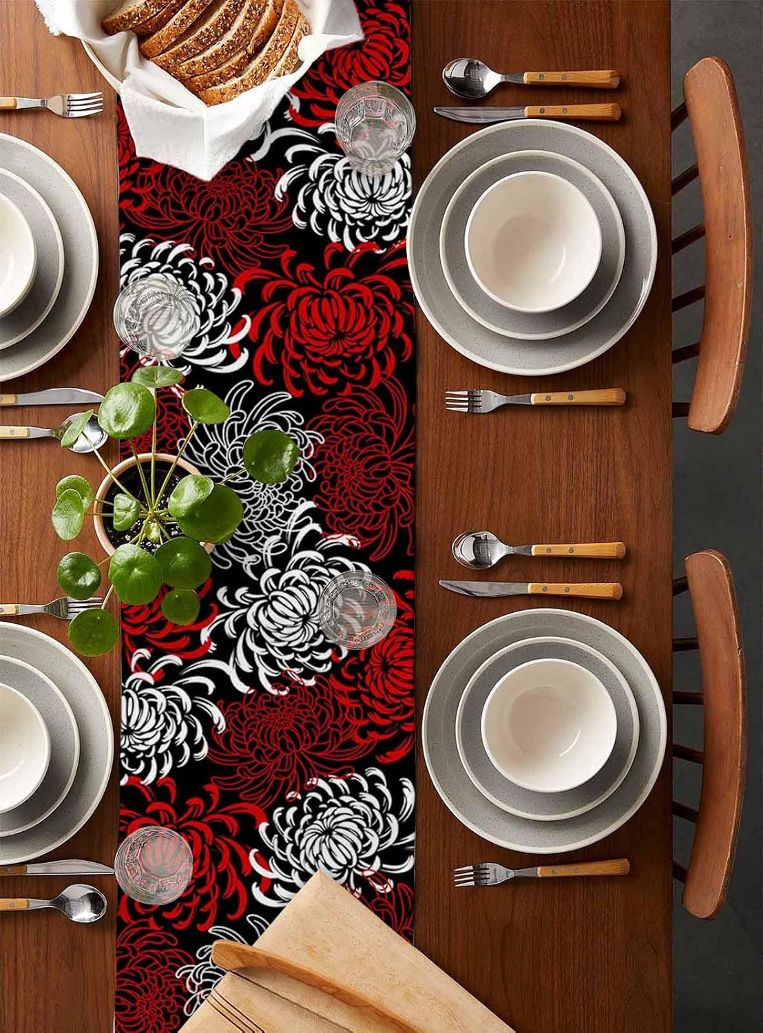 Floral Table Runner-Red Black White Cotton Linen-Long 90 Inche Dresser Scarves,Flower Tablerunner for Kitchen Coffee/Dining Table Bedroom Home Living Room,Scarf Decor for Summer Spring Holiday Dinner