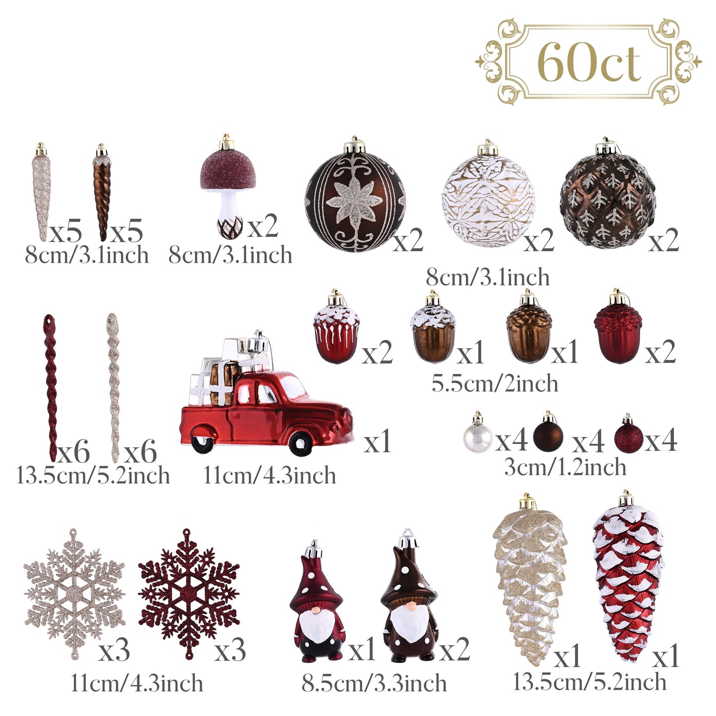 60Ct Fall Shatterproof Ornaments, Rustic Red White Copper Harvest Hanging Decorations for Home, Autumn Thanksgiving Ornaments with Leaves and Acorns for Fall Celebration Party Gift