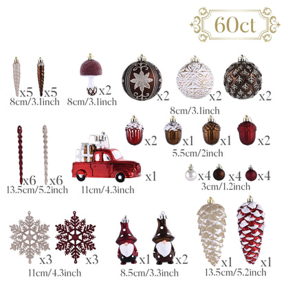 60Ct Fall Shatterproof Ornaments, Rustic Red White Copper Harvest Hanging Decorations for Home, Autumn Thanksgiving Ornaments with Leaves and Acorns for Fall Celebration Party Gift