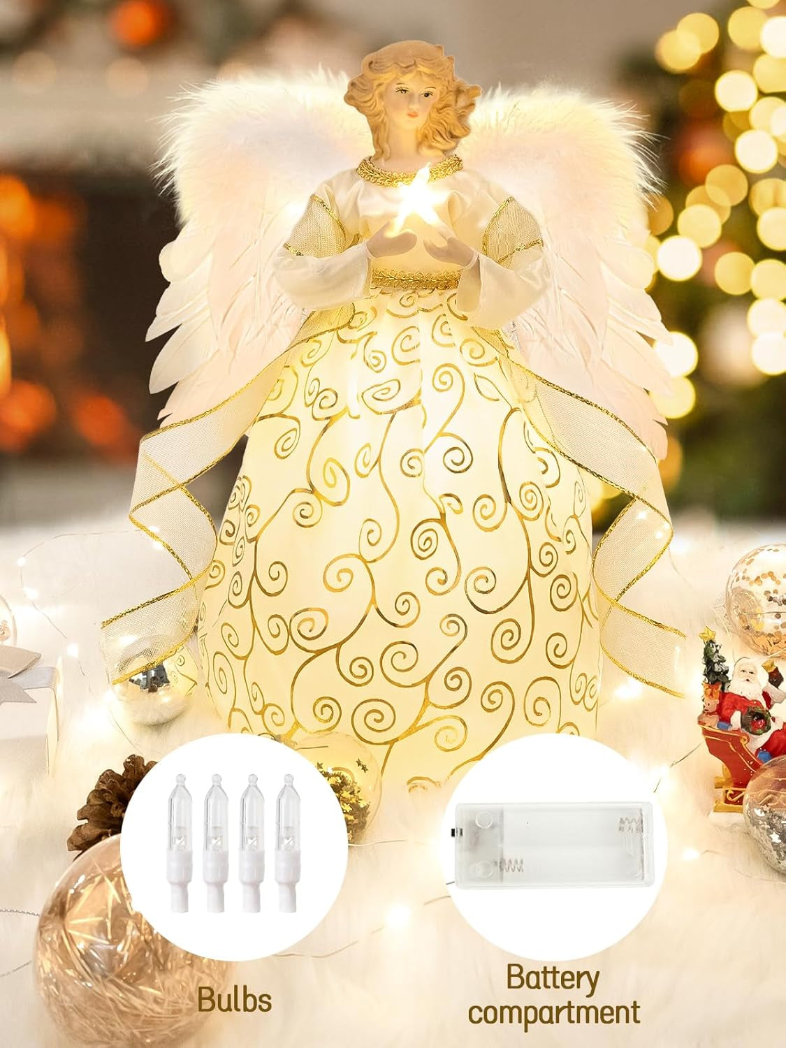12'' Angel Tree Topper with White Feather Wings and Gold Skirt, Christmas Tree Topper with LED Light for Tree Toppers Holiday Ornament Decorations, Gold