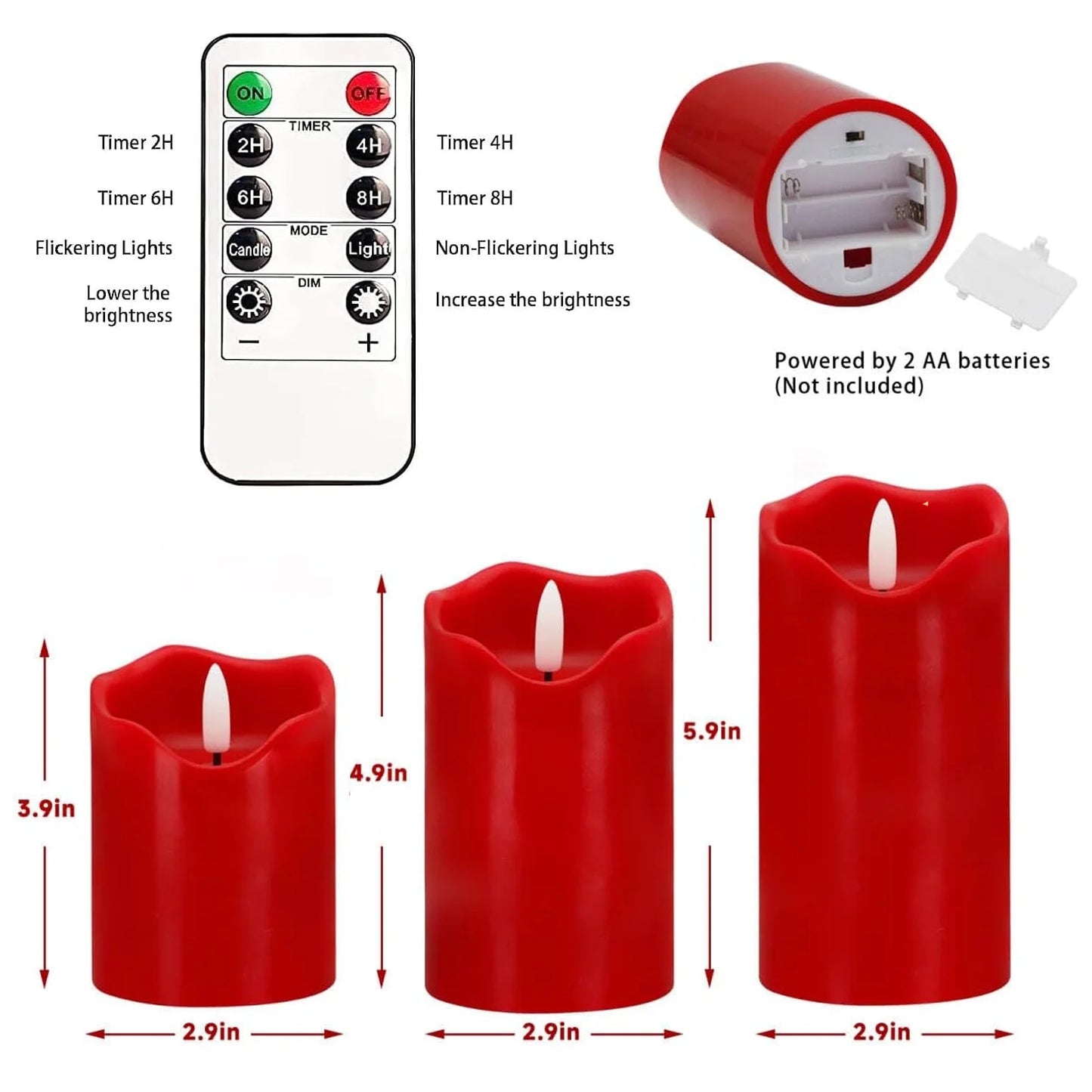 Flameless Candles Lights, Set of 3 Red Flickering LED Candles with Remote & Timer, Dimmable LED Pillar Candles Battery Operated, Electric Candles for Home Thanksgiving Christmas Decor